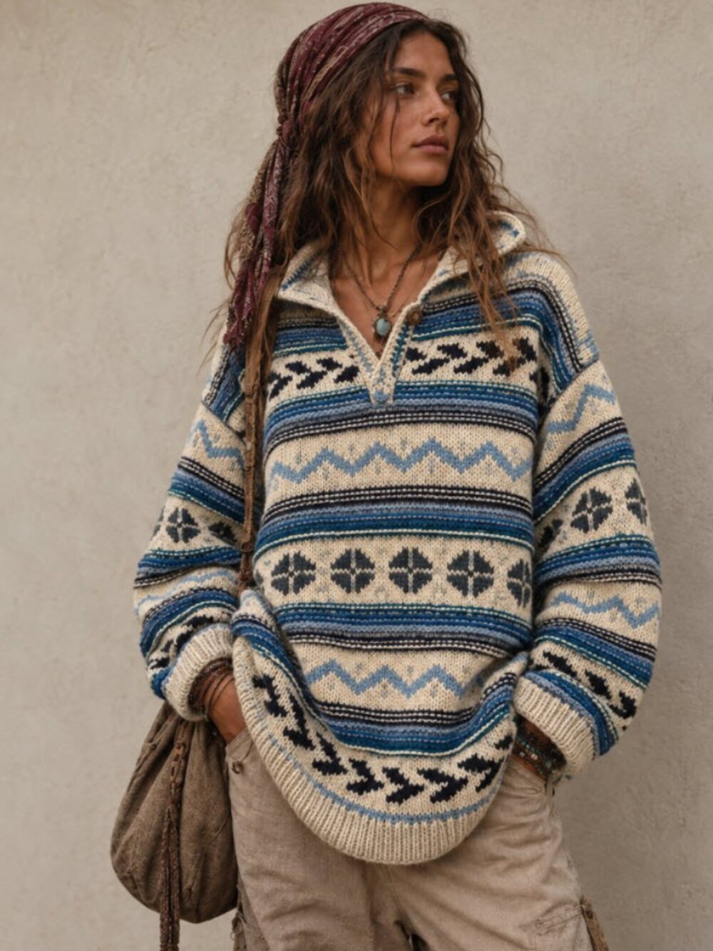 Nuevo Americana 100% Wool Fair Isle Sweater L Cream Blue Boho Cottage Oversized